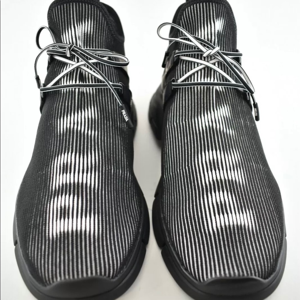 NEW Prada Men's Logo Knit Row Sneakers Black White - Picture 6 of 9